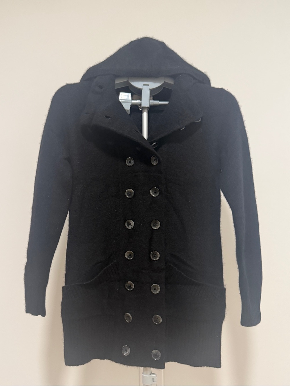 Kenar 100% Cashmere Hooded Button-Front Cardigan/Jacket – Size M – Black